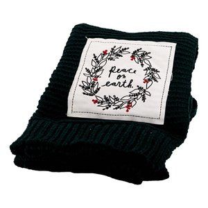 Rae Dunn By Enchante PEACE ON EARTH Knit Chenille Throw Patch Black 50x60 in New